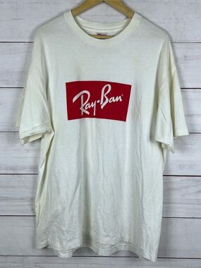 Vintage Ray Ban White Red Border Tee Box T-Shirt Mens size XL Hanes Stains 90s